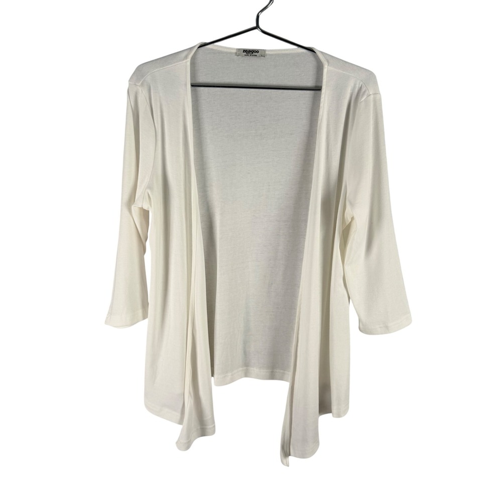 Zeagoo White Open Front Cardigan 3/4 Sleeve Lightweight Shrug L Cruise Beachy